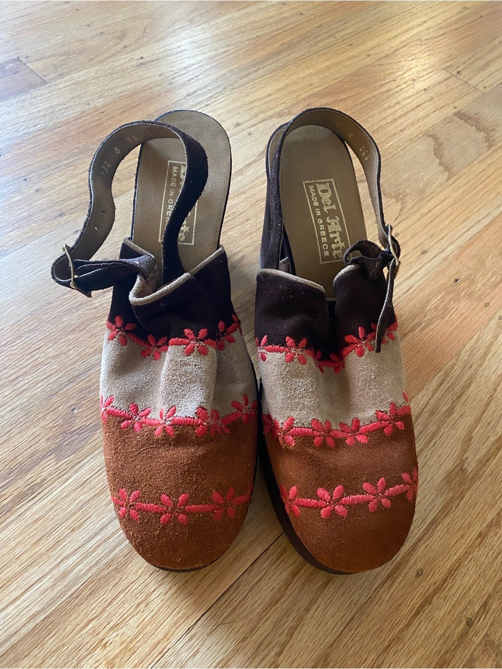 Vintage Multicolor Suede Platform Slingback Heels with Red Floral Embroidery